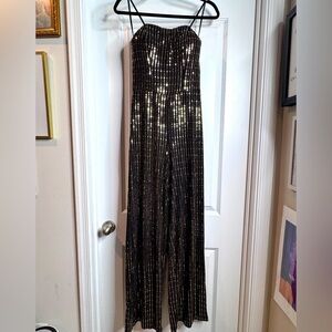 B. SMART Gorgeous Black and Gold Strapless Sequin Wide-Leg Jumpsuit / Jumper